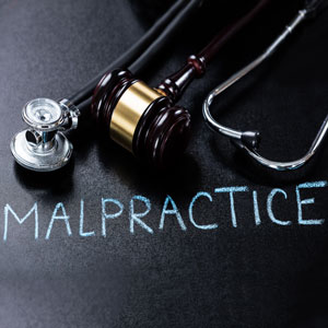 Blackboard with text "malpractice" next to a stethoscope and judge's gavel - Law Offices of David A. Kaufman, APC.